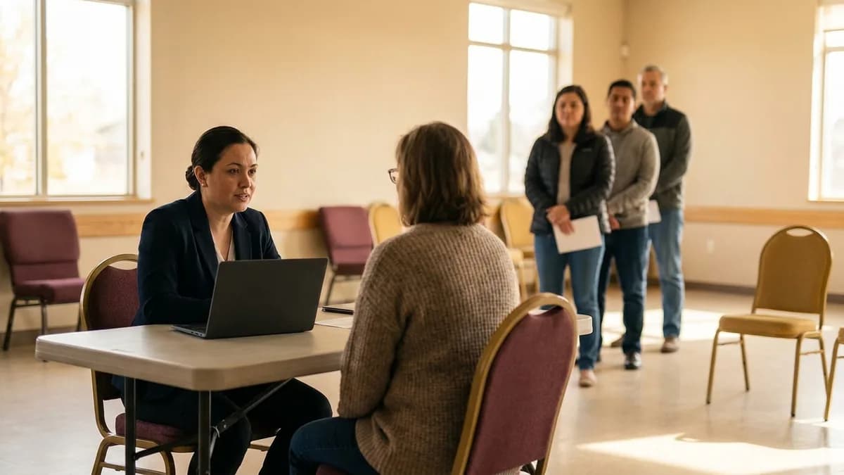 Consular staff serving families at a mobile consulate set up in a community hall