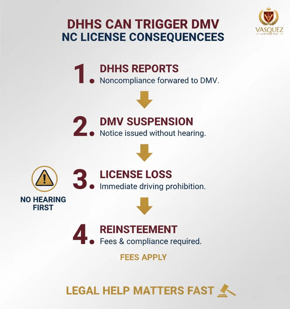 Infografía 1 para Cómo una Suspensión del DHHS Muestra el Poder del DMV Sobre Su Licencia en NC