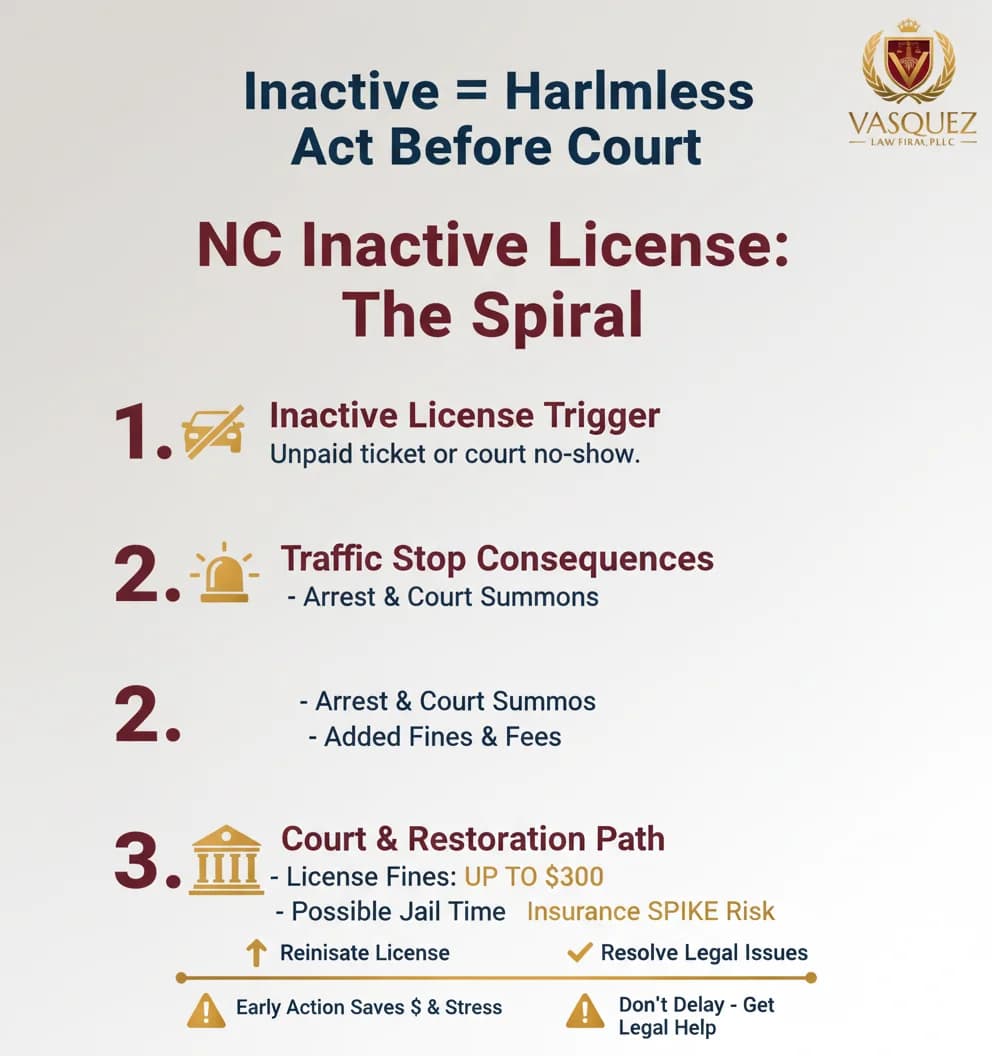 Infografía 1 para Cómo una Licencia Inactiva Puede Arruinar Su Caso de Tráfico en NC
